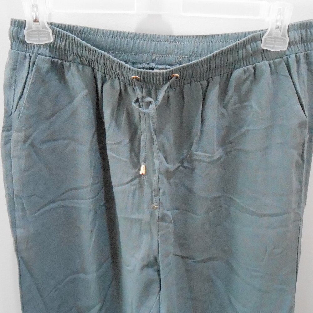 Women's Blue Lightweight Elastic Waist Drawstring Linen Blend Pants Size-2XL